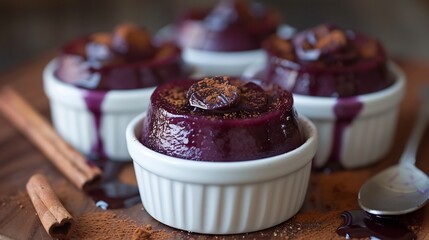 Peruvian mazamorra morada purple corn pudding cinnamon plated in a white dessert dish