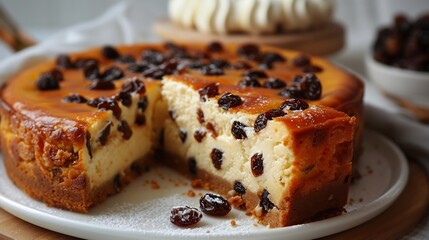 Polish sernik baked cheesecake raisins slice plated on a clean white dish