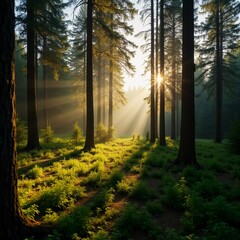 Obraz premium Golden sun rays filter through tall fir trees, illuminating the lush green undergrowth in a peaceful forest. Nature awakens as summer warmth envelops the landscape Generative AI