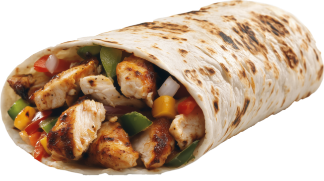 Grilled chicken wrap with fresh vegetables in a tortilla. Delicious shawarma cut out. Based on Generative AI