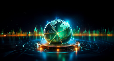 Futuristic digital globe on a pedestal with glowing lines and lights.  A technological representation of global connectivity and data flow in a modern, abstract style.