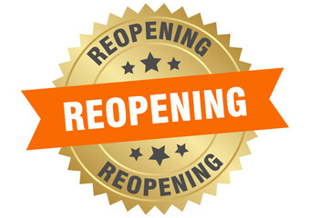 reopening. reopening round orange and gold label isolated on transparent background