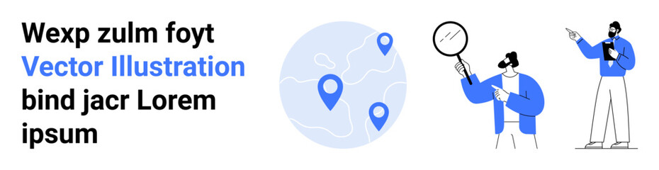 World map with location pins, man analyzing with magnifying glass, another pointing to clipboard. Ideal for navigation, research, exploration, business strategy, analytics, travel simple landing
