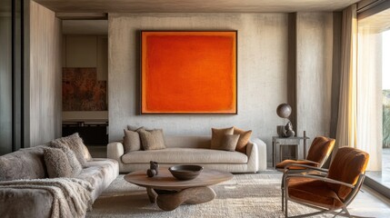 Modern living room, beige sofa, orange art, concrete wall, outdoor view