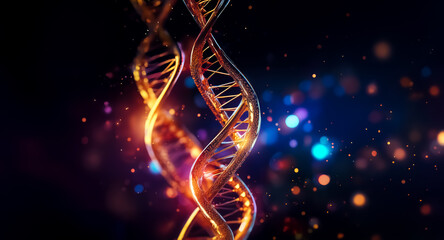 Obraz premium Golden double helix DNA strand glowing against a dark backdrop with bokeh lights. It represents science, biology, and modern technology in an abstract way.