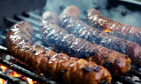 Delicious black blood sausage or black pudding with spices and herbs grilled on a black concrete background