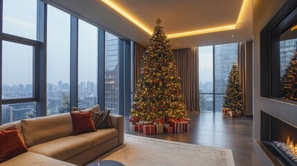 Modern living room decorated for Christmas with a large tree, presents, and city skyline view
