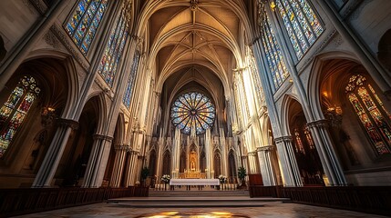Naklejka premium Gothic Cathedral Interior with Altar and Stained Glass Windows / 祭壇とステンドグラス窓のゴシック大聖堂内部