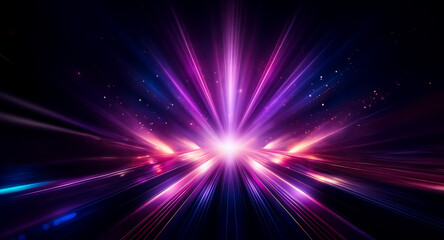 Bright light explodes from the center, sending vibrant pink, purple, blue, and red rays outward in a dynamic and abstract burst of energy.