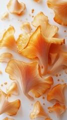 Vibrant orange mushrooms arranged beautifully on a white surface showcasing unique textures and patterns