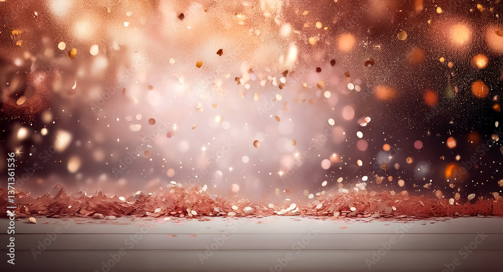 Canvas Prints warm blurry background with golden bokeh effect and falling glitter particles on a wooden surface, c
