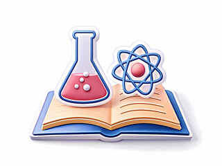 open book with science theme clipart featuring flask and atom icon, symbolizing education and learning