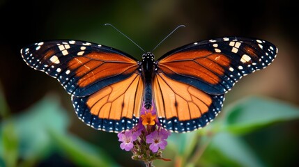Fototapeta premium Vibrant Monarch Butterfly Resting on Colorful Flower Amidst Lush Greenery in Nature