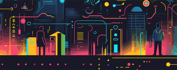 Futuristic cityscape with silhouetted figures and neon colors – vector