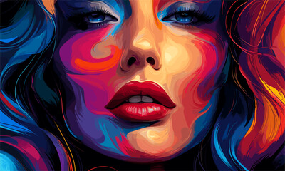 Colorful abstract portrait of a woman with vivid swirls and bold makeup vector