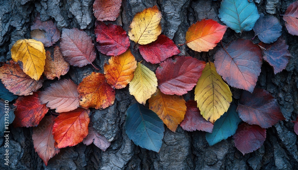 Poster colorful autumn leaves blanket a textured tree trunk in a serene outdoor setting during a clear fall
