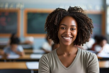 Portrait of a young smiling African American female teacher in front of a classroom