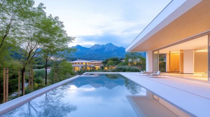 Fototapeta premium Modern villa exterior with infinity pool and mountain views. Tranquil evening scene