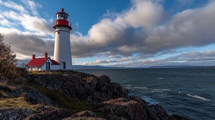 Naklejka premium Majestic lighthouse standing on rocky coast under dramatic sky with clouds and ocean waves