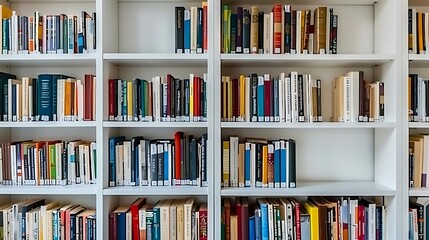 A full bookshelf displaying numerous books in an organized arrangement