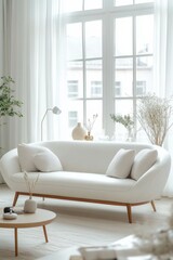 Fototapeta premium A modern round sofa with wooden legs, featuring a plain white leather fabric cover that resembles plain leather