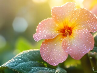 Close-up of Light Orange Flower with Water Droplets on Petals and Leaves