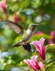 Naklejka premium Hummingbirds Hovering Near Sweet Blossoms in the Warmth of a Sunny Garden