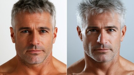 Fototapeta premium Portrait of a middle-aged man with gray hair, showcasing a serious expression against neutral backgrounds