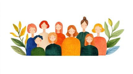 Diverse group of illustrated women and men with colorful outfits celebrating friendship in a vibrant, leafy setting ideal for promoting community and connection