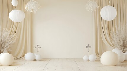 Elegant and minimalist decor with white spheres and cross symbols