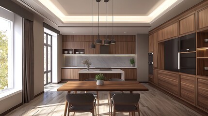 Modern kitchen with wooden cabinets and dining table / 木製キャビネットとダイニングテーブルのあるモダンなキッチン