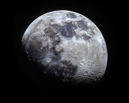 the Moon, showing craters and contrasting light and dark areas on its surface against the blackness of space