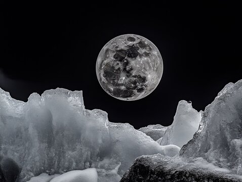 The image shows a full moon in a black sky above jagged ice formations, resembling a landscape with ice mountains
