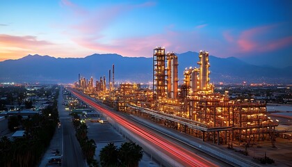 Fototapeta premium Desert Refinery Sunset Landscape.