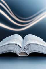 Fototapeta premium A creative 3d concept for an audiobook. Book on the background of the line audio track wave