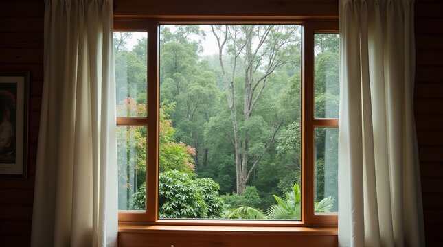 Uma janela de madeira aberta para a floresta tropical