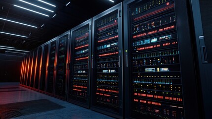 High-tech server room with illuminated racks, showcasing data storage and processing technology