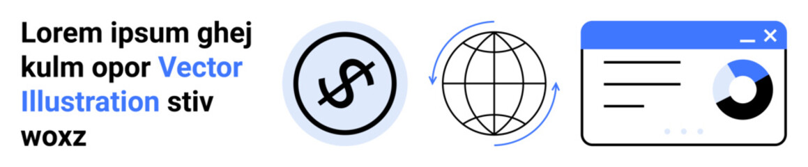 Dollar sign in circular icon, globe with rotation arrows, and analytics dashboard. Ideal for finance, global business, communication, data analysis, marketing, technology simple landing page