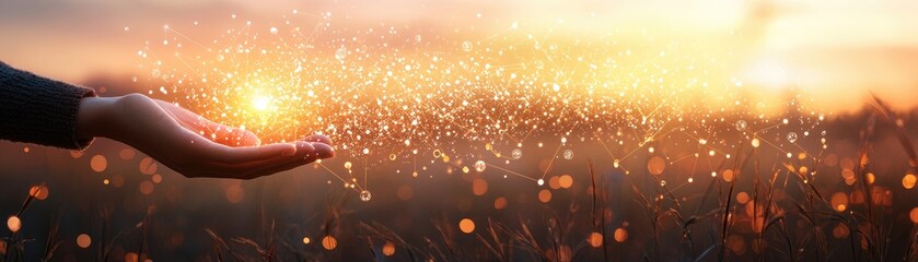 Fototapeta premium Hand holding light show sunset field