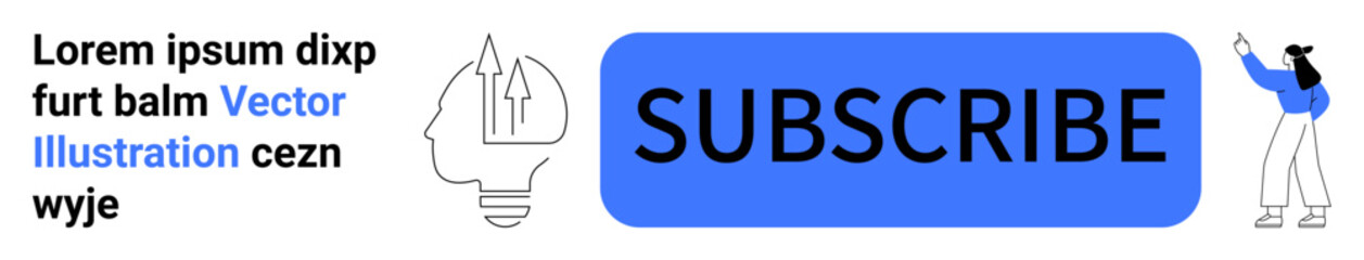 Blue subscribe button with bold text, lightbulb with up arrows, and character pointing. Ideal for marketing, email campaigns, web UI, user engagement strategies, call-to-action, creativity simple