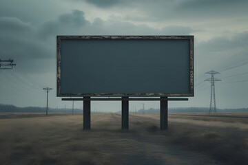 Fototapeta premium Empty white billboard mockup in a rural area along a country road,billboard positioned in a futuristic city with flying cars and neon lights at night,Empty Billboard at Sunset in a Scenic Landscape.