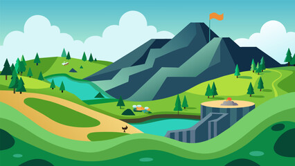 A former strip mine now a sprawling golf course with meticulously manicured greens and fairways showcasing the potential for creative land use after. Vector illustration