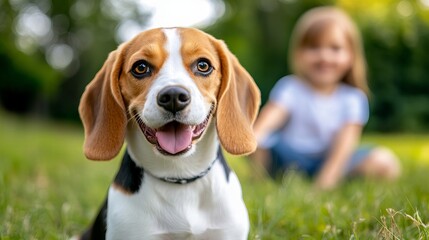 Beagle dog sits happily in green grass outdoors with a blurred young girl visible in the background.