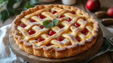 Apple Pie with Lattice Crust and Powdered Sugar / 格子状の皮と粉砂糖のアップルパイ