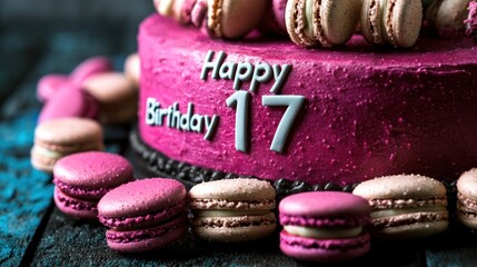 A vibrant birthday cake adorned with macarons, celebrating a 17th birthday with festive colors