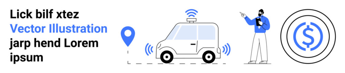 Self-driving car with GPS tracking, a person using a mobile device, currency icon. Ideal for technology, innovation, urban mobility, GPS services, finance, app interface simple landing page