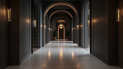 Fototapeta premium Elegant dark hallway, arched doorways, floor lighting, hotel interior, design inspiration