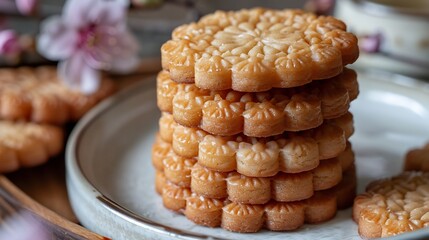 South Korean yakgwa honey cookies flower pattern stacked on white ceramic tray