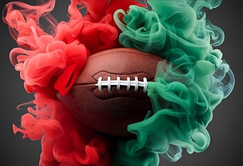 Digital art of a football emerging from colorful smoke, symbolizing sports and abstract art, ideal for sports and creative projects.