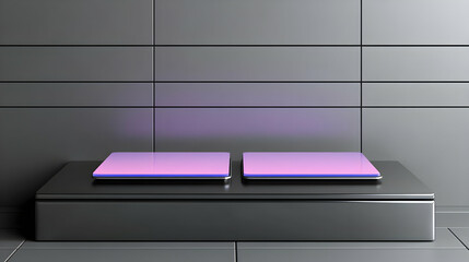 3D Render Geometric Platform with Purple and Pink Illumination Abstract Background